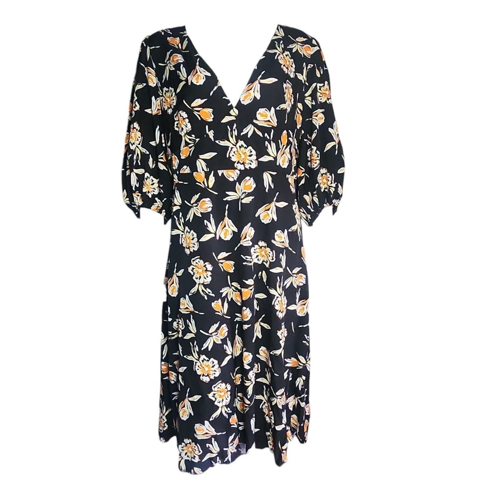 Shein Curve Dress Womens Plus Size 1XL Feminine Black Orange Floral Short Sleeve